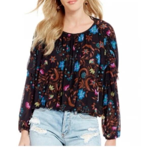 FREE PEOPLE BLOUSON WILDFLOWER HONEY SZ XS RUCHING RUFFLING SLEEVES AESTHETIC - Picture 4 of 16